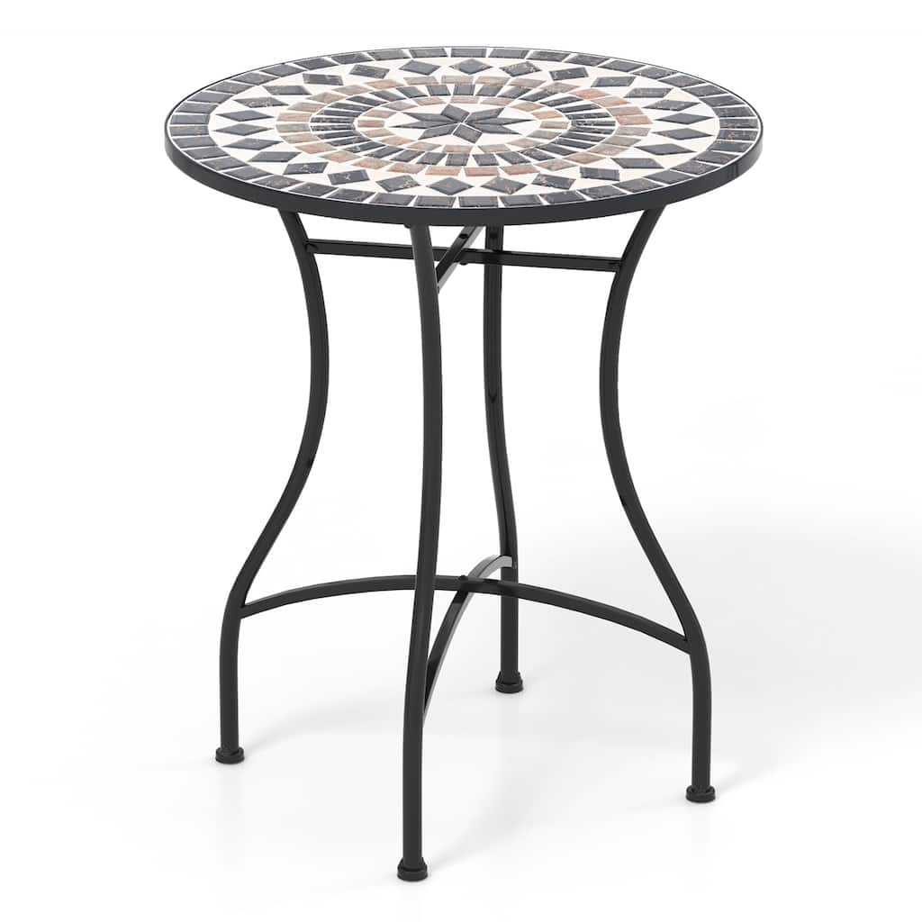 24" Mosaic Pattern Round Patio Bistro Table with Metal Frame and Concrete Top for Balcony or Yard