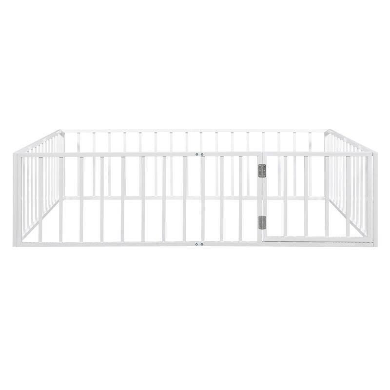 Twin/Full/Queen Size Floor Bed for Kids, Montessori Beds with Rails and Door, Metal Playhouse Bed Frame w/ Fence for Boys Girls