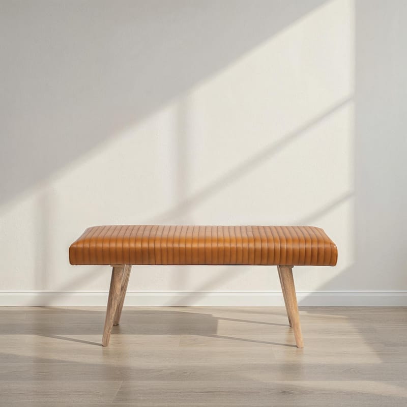 Mango Wood and Leather Grid Bench - Brown