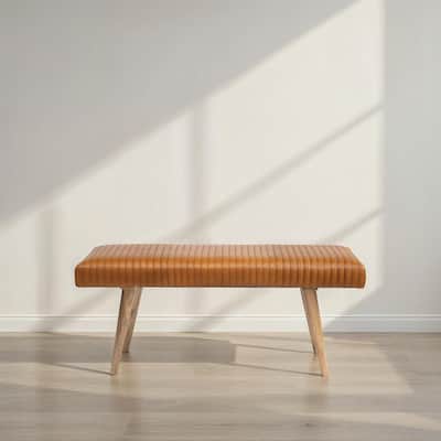Mango Wood and Leather Grid Bench