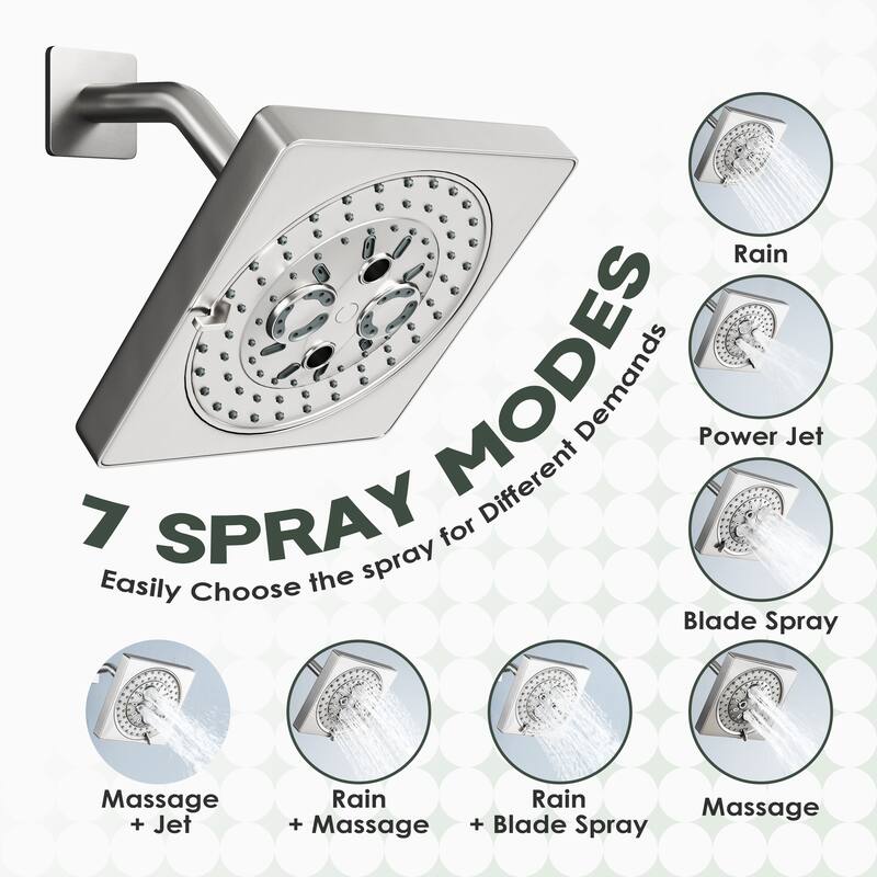 7-Spray Patterns 6.5 in. Wall Mount Rain Fixed Shower Head with Shower Arm and Flange