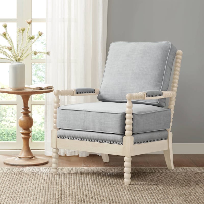 Madison Park Donohue Turned Wood Frame Armchair - 25.5"W x 32"D x 35.75"H - Light Blue/Antique Cream