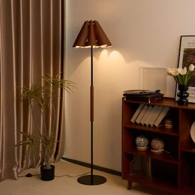 Mid-Century Modern Floor Lamp with Faux Leather Shade - 65 inch