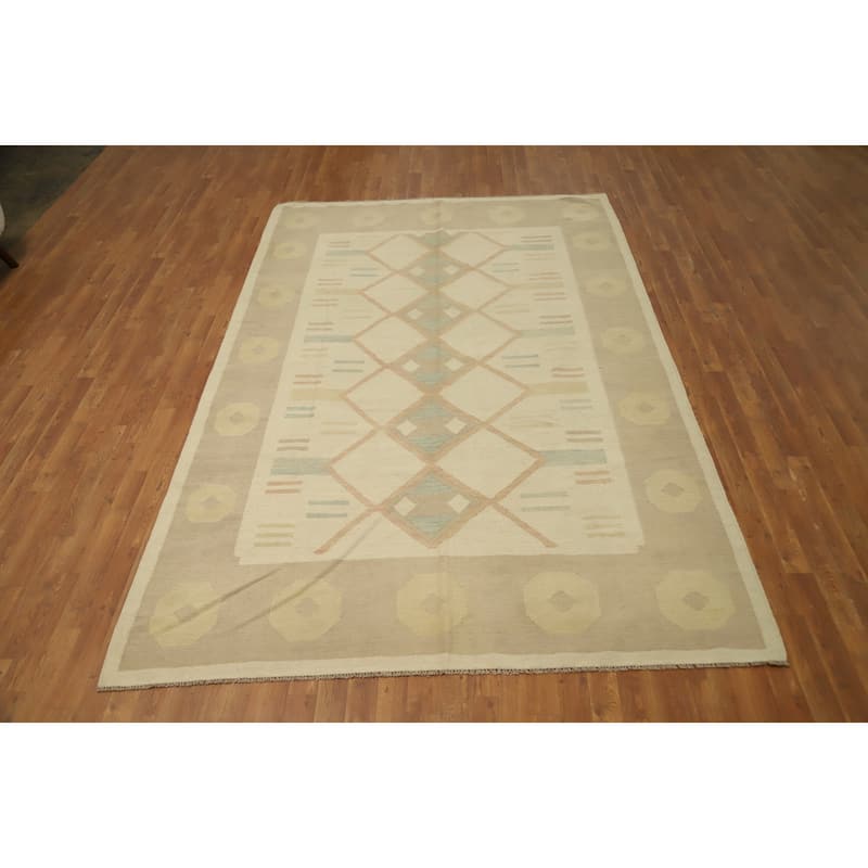 Hand Woven Oriental 100% Wool Carpet Southwestern Tribal Beige & Ivories Kilim Area Rug - 9' 8'' X 6' 5''