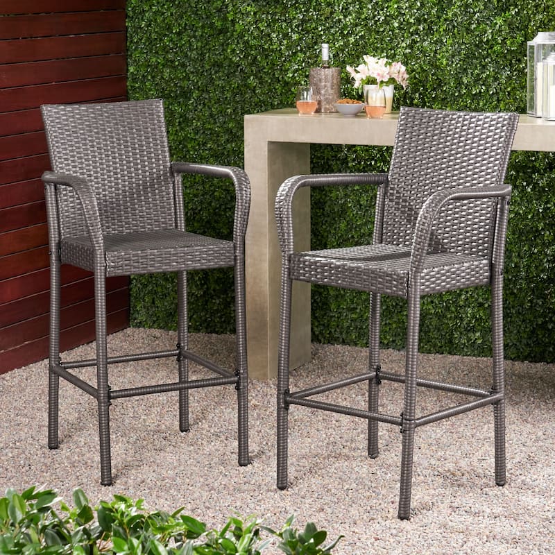 Outdoor Patio Wicker Barstool, High Back Bar Chair with Arm and Footstool High Chair, Entertainment Barstool Set (Set of 2) - Grey