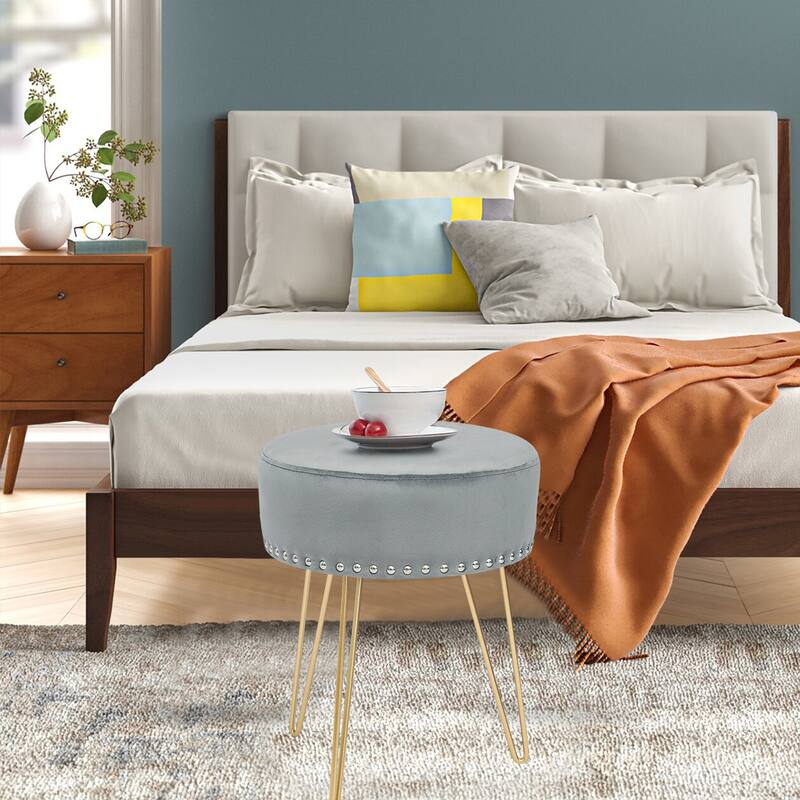 Adeco Footstool Round Ottoman Velvet Dressing Stool Gold Metal Legs