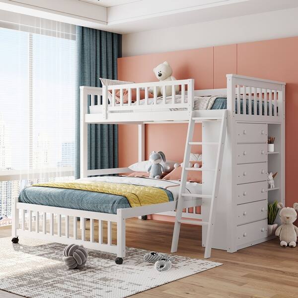 slide 2 of 40, Wooden Twin over Full Bunk Kids Bed with Drawers,Shelves,Wheels,Soild White