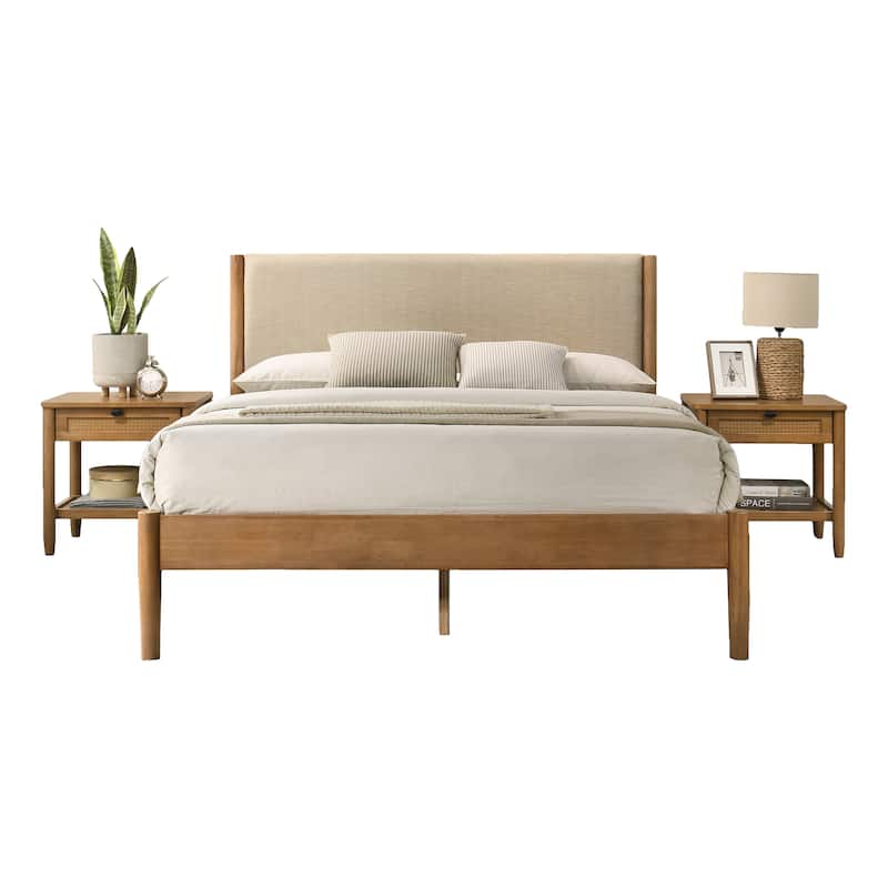 Roundhill Furniture Vichy 3-Piece Bedroom Set, Platform Bed with Two Nightstands