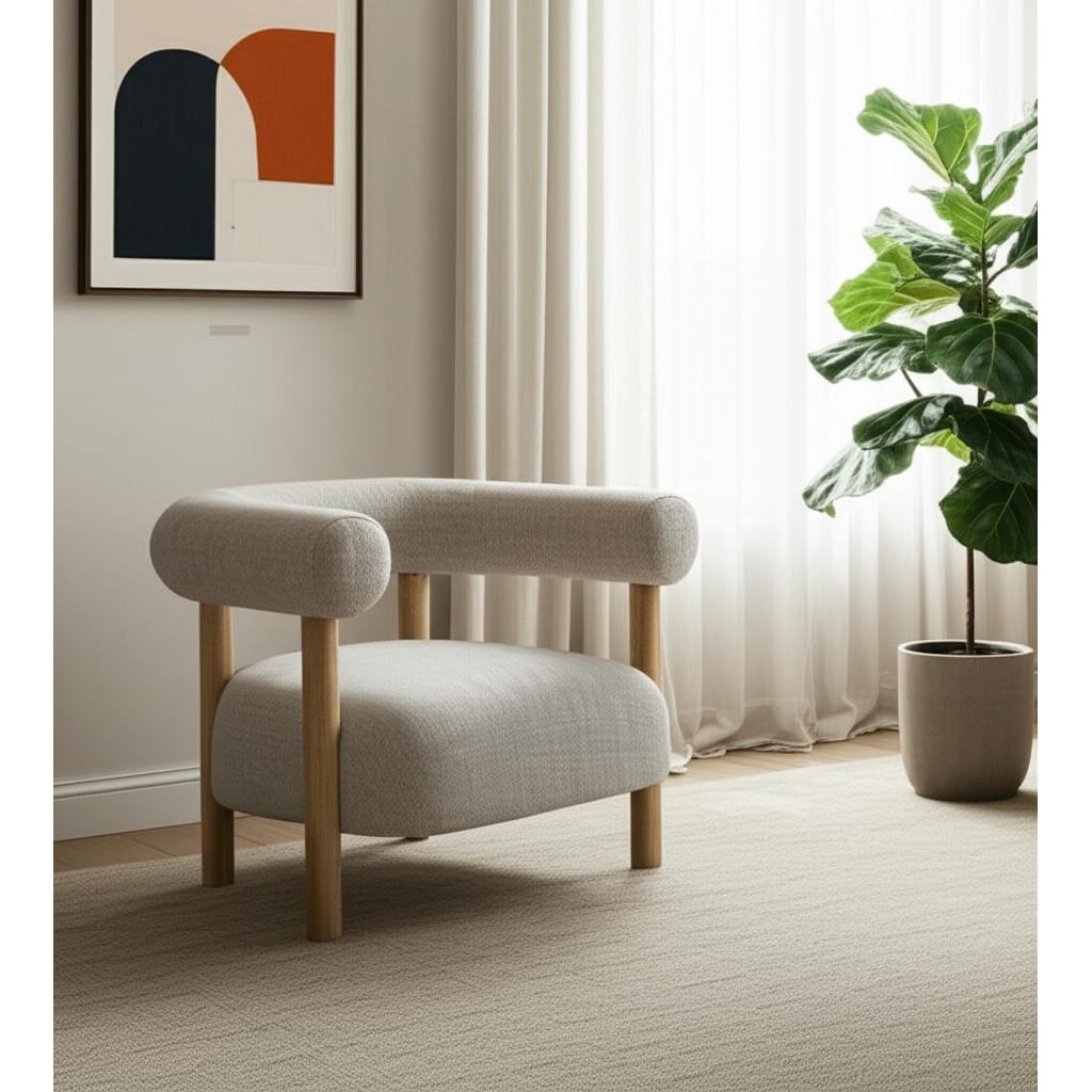 HomeRoots 31" Cream and Natural Linen and Solid Wood Barrel Chair - 30.71 in. x 28.35 in. x 37.40 in.