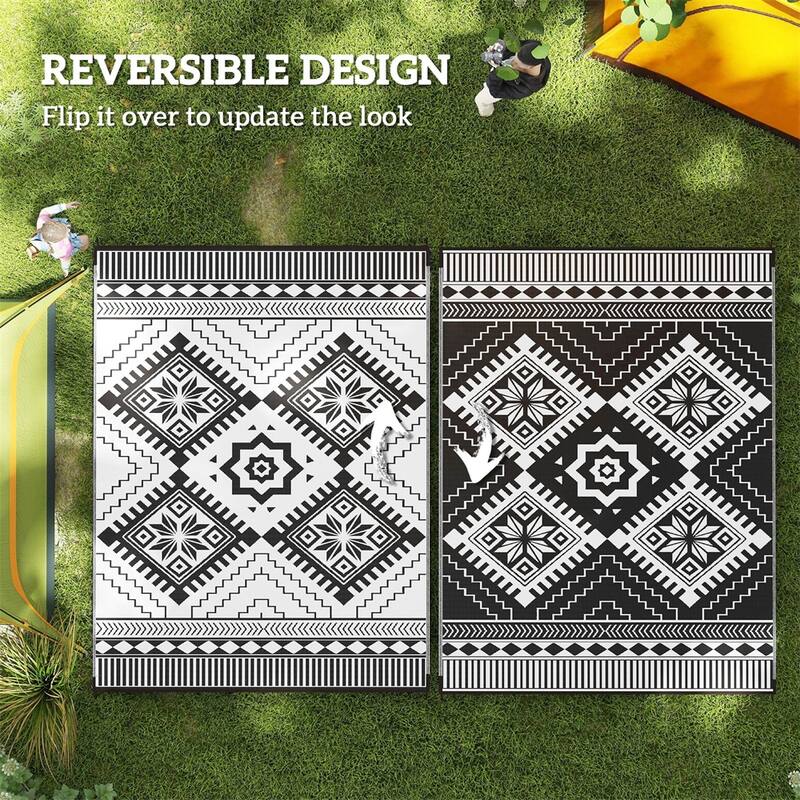 Reversible Outdoor Rug White & Black Toothed Rhombus Pattern, UV-Protected Foldable Polypropylene Mat - 143.7" L x 107.9" W