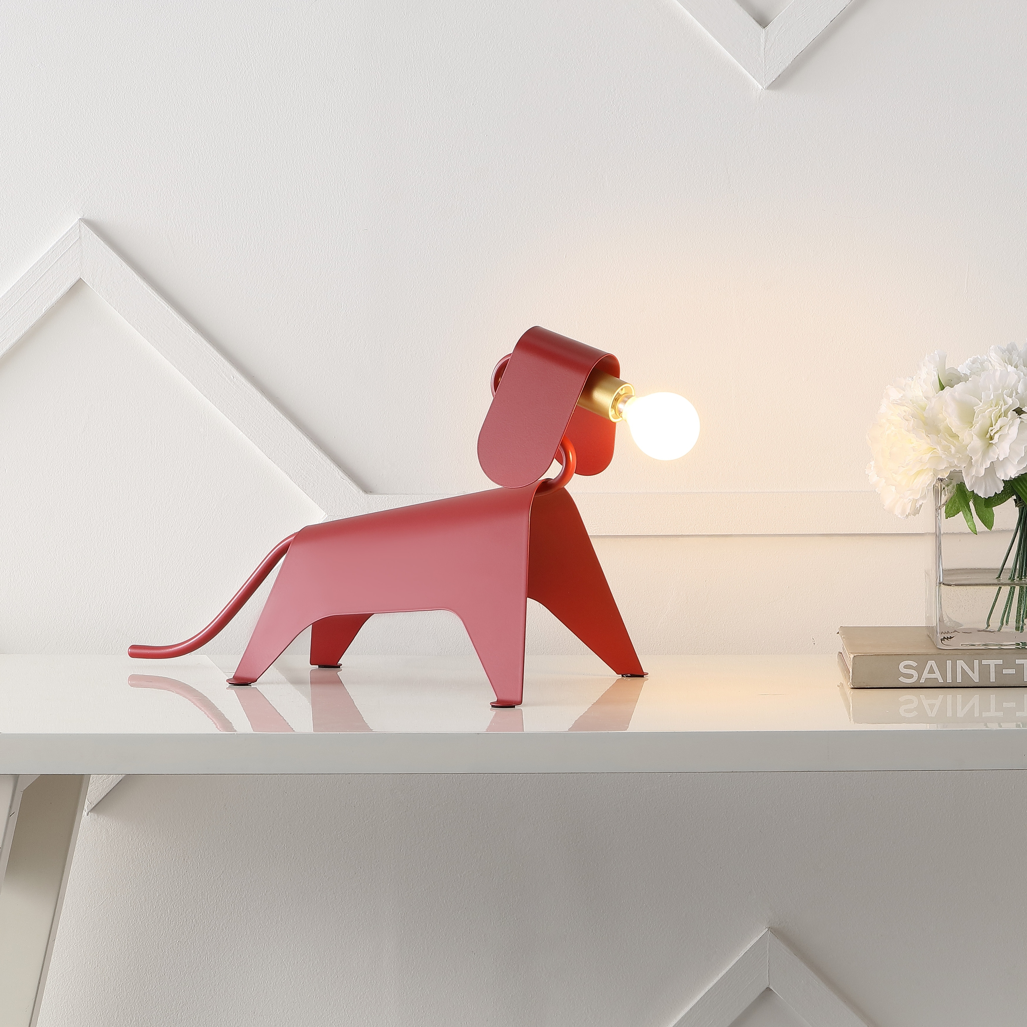 JONATHAN Y Penelope 10" Modern Industrial Iron Canine LED Kids' Lamp, Red