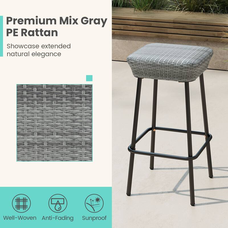 Mix Grey Rattan Metal Bar Stools Backless with Footrest Set of 2 - 16.5" L x 16.5" W x 29.5" H