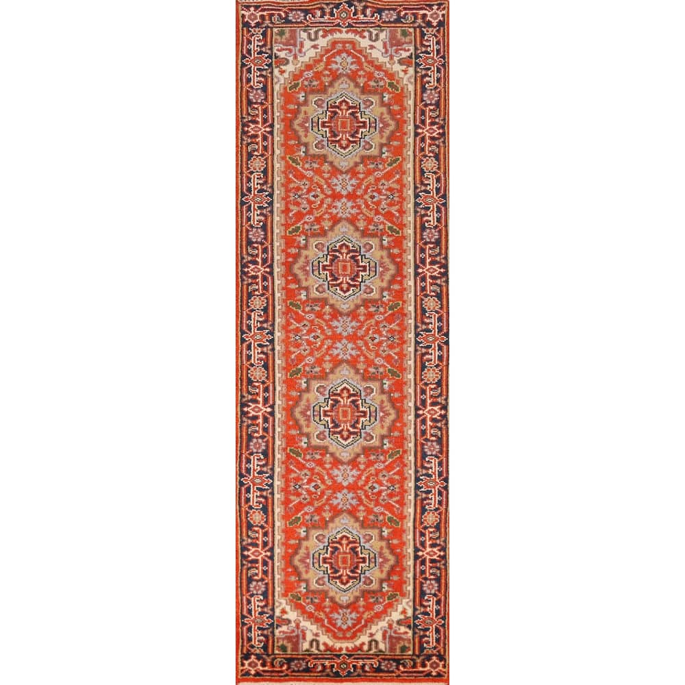 Geometric Heriz Serapi Indian Runner Rug Handmade Orange Wool Carpet - 2'5" x 9'11"