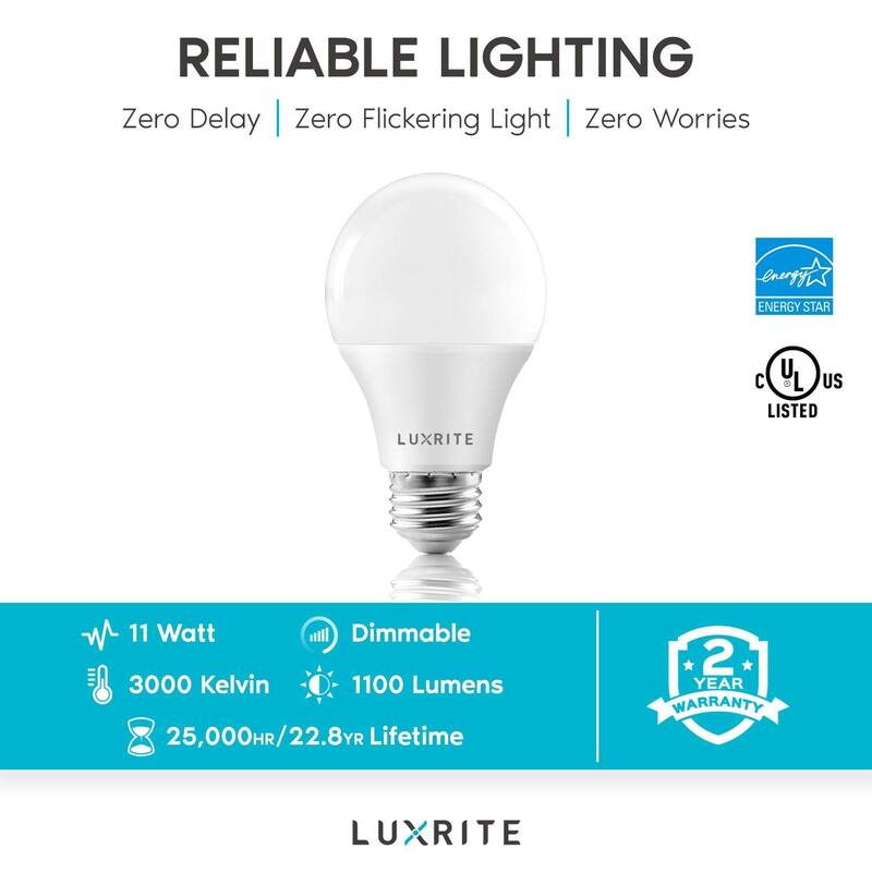 Luxrite A19 LED Bulb 75W Equivalent, 1100 Lumens, Dimmable, Enclosed Fixture Rated, Energy Star, E26 Base (4 Pack) - N/A