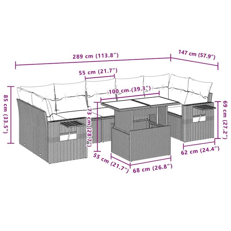 vidaXL Patio Sofa Set with Cushions Outdoor Furniture 8 Piece Poly Rattan - 24.4 x 24.4 x 27.2