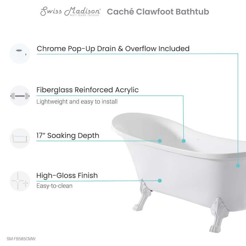 Caché Single Slipper, Clawfoot Soaking Acrylic Bathtub