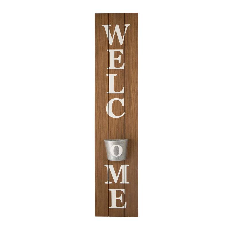 Glitzhome 42-inch Wooden Welcome Porch Sign Wall Decor with Metal Planter