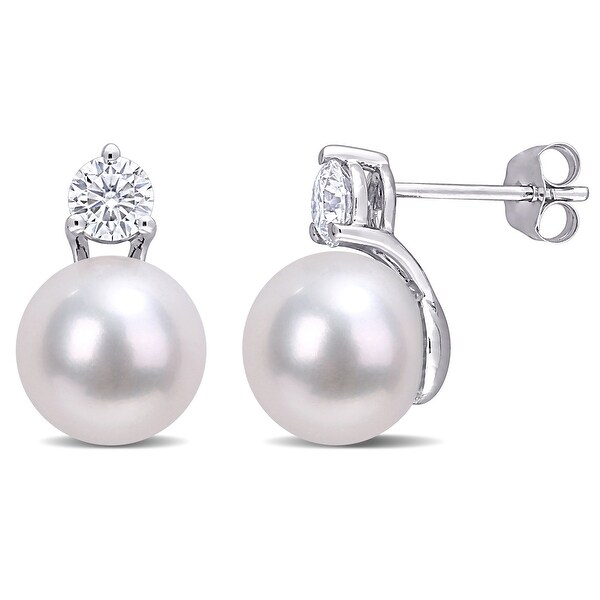 Miadora 14k White Gold Cultured Freshwater Pearl and Moissanite Stud Earrings (9.5-10mm). Opens flyout.