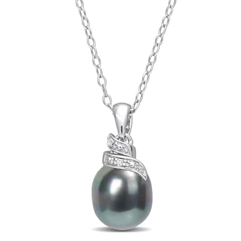 Miadora Diamond Accent 8-9mm Black Tahitian Cultured Pearl Fashion Pendant with Chain Silver