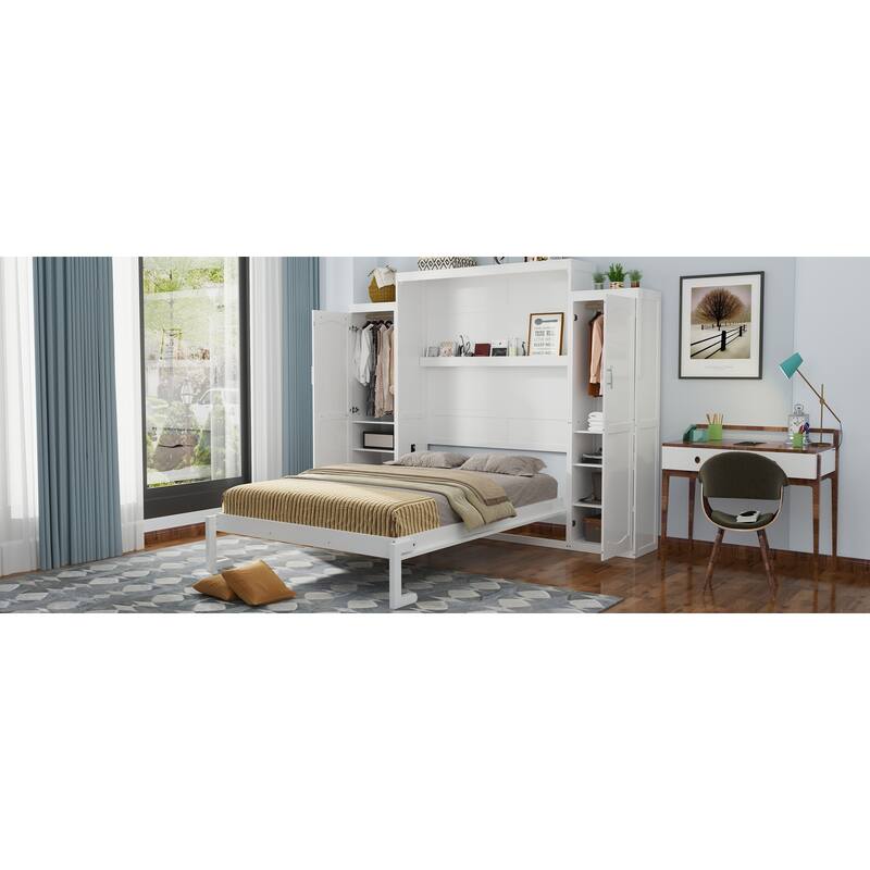 Full Size Foldable Murphy Bed with 2 Wardrobes and Storage Shelf, Space-Saving Platform Bedframe for Guest Room, White