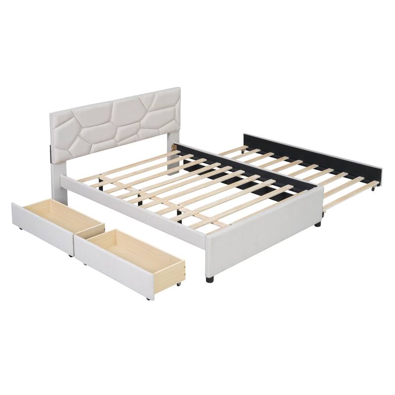 Full/Queen Size Upholstered Platform Bed with Stylish Brick Pattern Headboard, Trundle & 2 Drawers, Linen Fabric Comfort