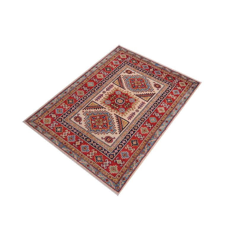 Rustic Kazak Waylon Beige/Red Wool Rug - 3'5'' x 5'1''