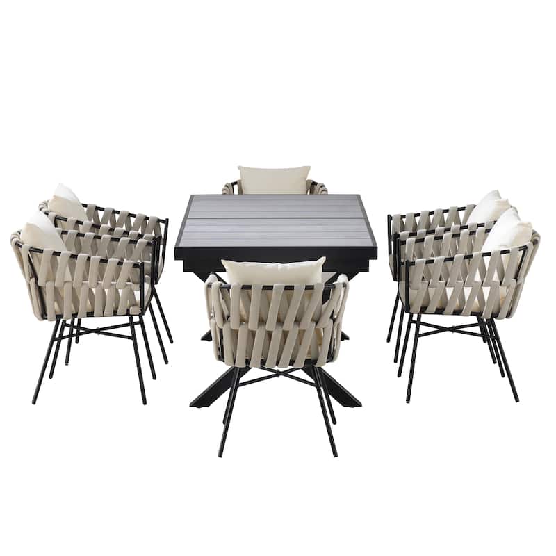 Iron Frame 7-Pieces Outdoor Dining Table with 6 Single Chairs