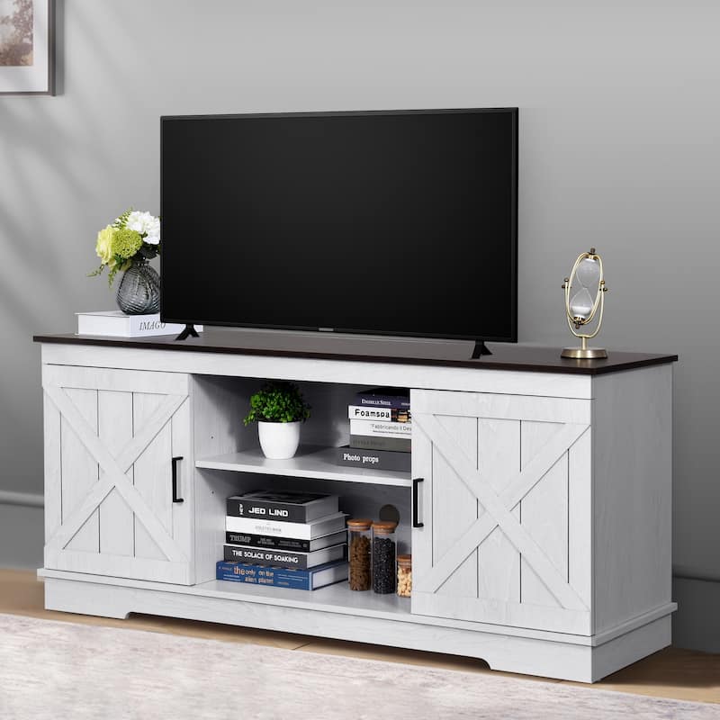 Moasis Farmhouse TV Stand with Barn Door Media Console Entertainment Center with Storage Cabinets - Espresso/Grey White