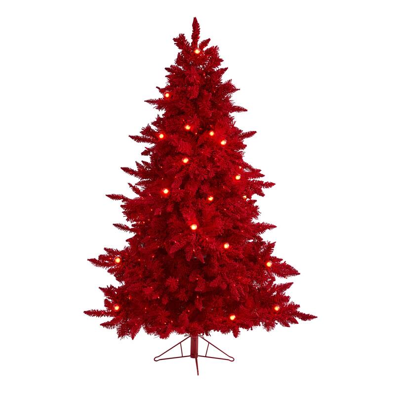 6ft. Red Flocked Fir Artificial Christmas Tree with 350 Red Lights, 33 Globe Bulbs & 748 Branches - Vibrant X-Mas Showpiece