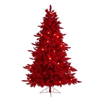6ft. Red Flocked Fir Artificial Christmas Tree with 350 Red Lights, 33 Globe Bulbs & 748 Branches - Vibrant X-Mas Showpiece