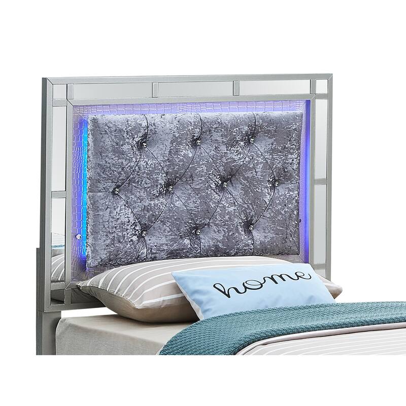 Asian Allure Twin Panel Bed - Silver Champagne Velvet Upholstered Headboard - 79"L x 57"W x 41"H