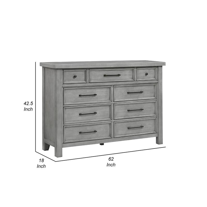 Daisy 62 Inch Dresser, Gray Mango Veneer, 9 Drawers, Bronze Metal