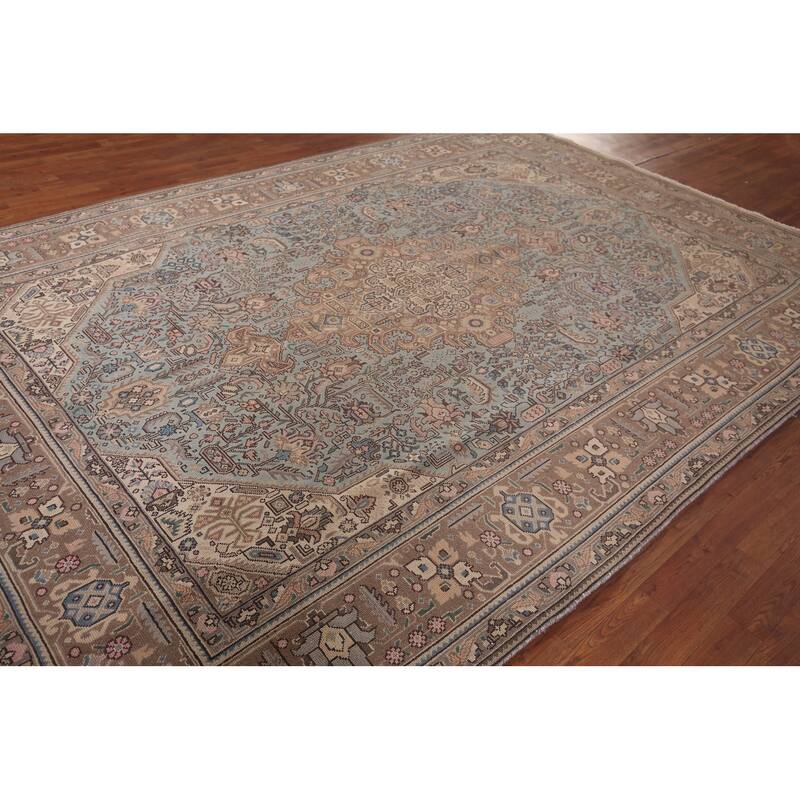 Light Blue Geometric Tabriz Persian Vintage Rug Handmade Wool Carpet - 7'8"x 11'5"