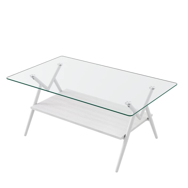 Modern Rectangle Coffee Table with Tempered Glass top and Metal Legs