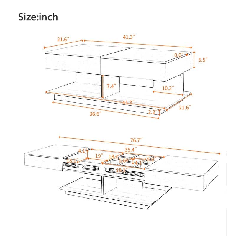 41.3''-76.7'' Extendable Coffee Table, Efficient Central Coffee Table with Multiple Storage Compartments