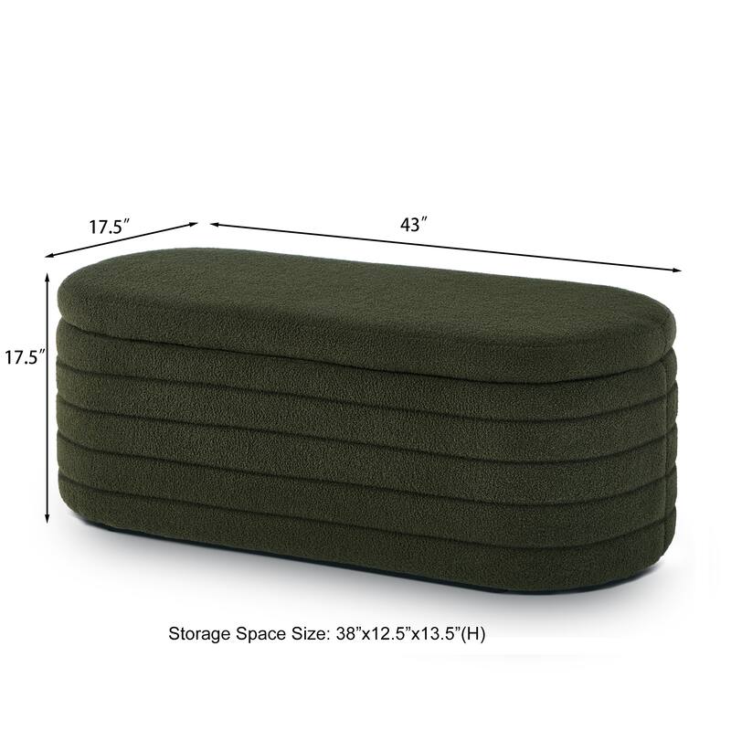 Modern Oval Storage Ottoman Bench,Boucle Teddy Fabric End of Bed Bench with Storage,End of Bed Stool with Safety Hinge