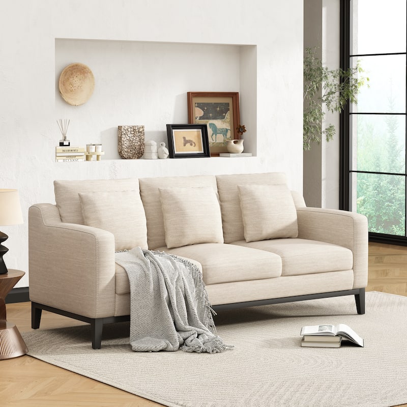 Beige Accent Sofa 3-Seater Sofa Couch with Wood Legs, Modern Settee Couch Upholstered Sofa for Living Room