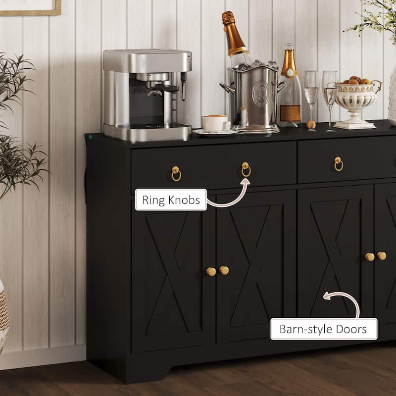 HOMCOM Sideboard, Buffet Cabinet with 2 Drawers, 2Storage Cabinets, 4 Barn-Style Doors and Adjustable Shelves, White