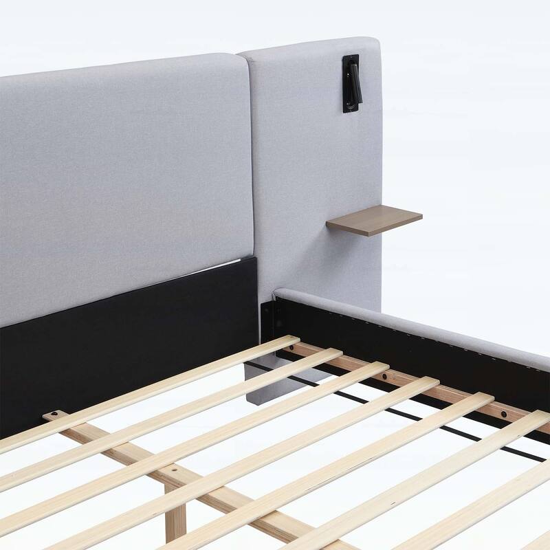 Stylish Design Linen Upholstered Bed with Integrated Lights and Shelves,for Modern and Rustic Interiors