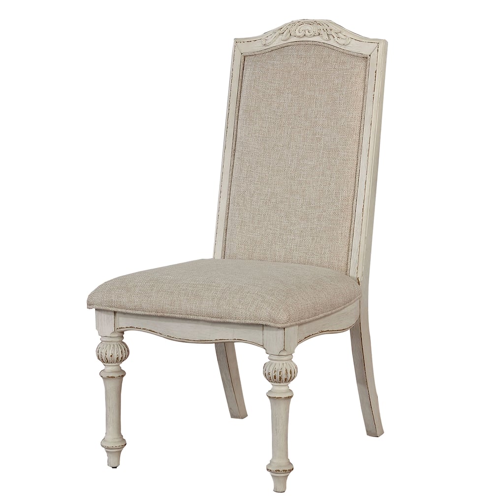 Rustic Wooden Arm Chair with Intricate Carvings, Set of 2, Antique White