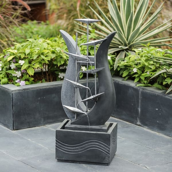 slide 2 of 7, Silver and Grey Modern Abstract Metal Floral Cement Outdoor Fountain - 37" H