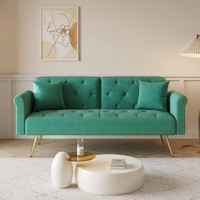 69.7" Velvet Sofa Bed with Nailhead Trim & Pillow - Modern 2-Seater Sleeper - Green
