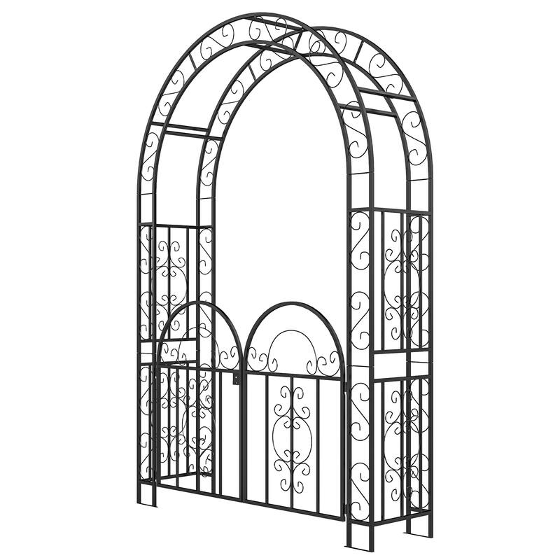 Black Steel Garden Archway with Double Gate Powder-Coated Outdoor Arbor for Climbing Plants Walkway