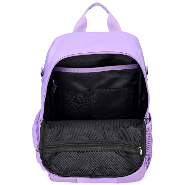 coach elle backpack purple Mini Court In Signature Canvas Refined pebble leather Inside zip and multifunction pockets Snap closure fabric lining Handle with 3 drop Outside zip pocket Adjustable shoulder straps 11 (L) x 11 (H) x 6 1/4 (W) Style No. Coach Elle purple Lilac for