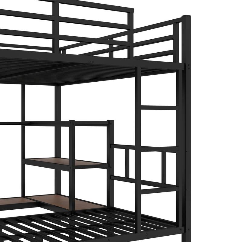 Queen-over-Twin Metal Bunk Bed with Upper Storage Area, Lower Shelves and Hangers