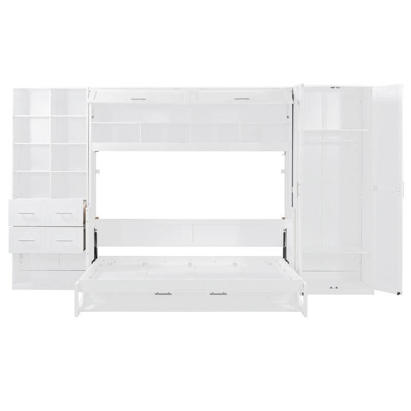 Full/Queen Size Murphy Wall Bed with Closet and 2 Storage Drawers, Space Saving Foldable Murphy Cabinet Bed with Storage Shelves