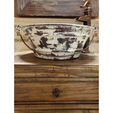 SimplyCopper 15" Round Copper BUCKET Vessel Bathroom Sink in Antique White Exterior - 15" x 15" x 6"