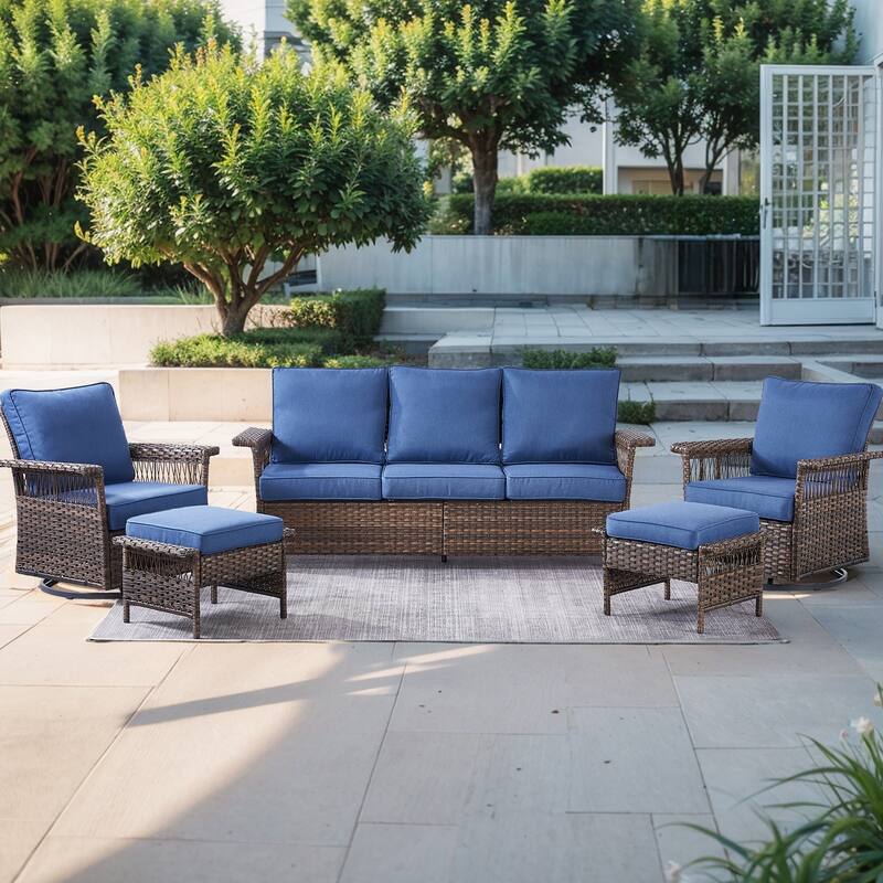 Pocassy Outdoor Swivel Chairs with Sofa Chair Ottoman and Table Set - Brown Wicker Blue Cushion - 5-Piece Patio Sofa Swivel Chair with Ottoman