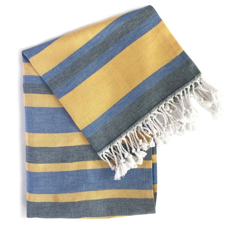 HomeRoots Denim and Yellow Striped Design Turkish Beach Blanket - Blue