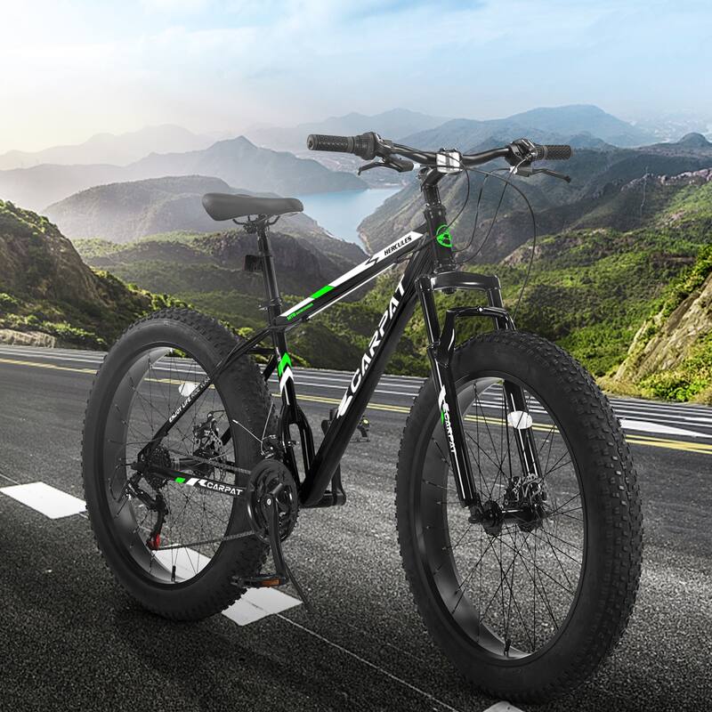 All Terrain Fat Tire Mountain Bike with 26 Inch High-Carbon Frame, Gearing, Dual Disc Brakes, Shock Absorption for Trail, Snow